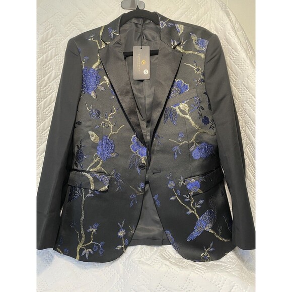 Cloudstyle Men's Dinner Jacket Blue and Gold Embroidered On Silky Black Sz Small - Picture 7 of 16